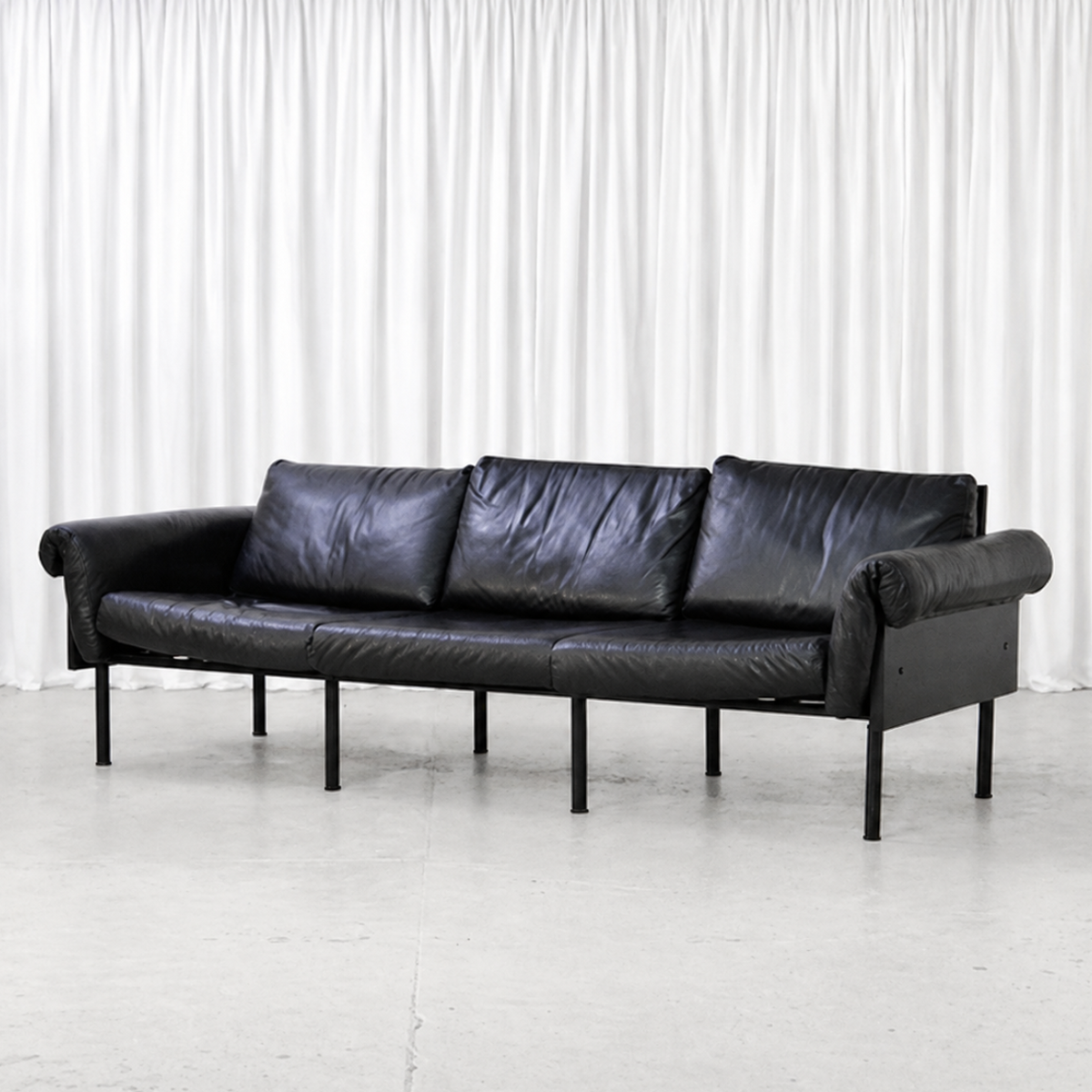 Yrjö Kukkapuro Ateljee three-seat sofa in black leather, front view