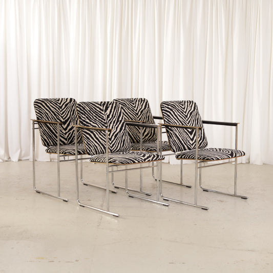 Yrjö Kukkapuro Skaala 472 Chair in Zebra-Pattern Fabric for Avarte, four Skaala armchairs with black and white patterned upholstery